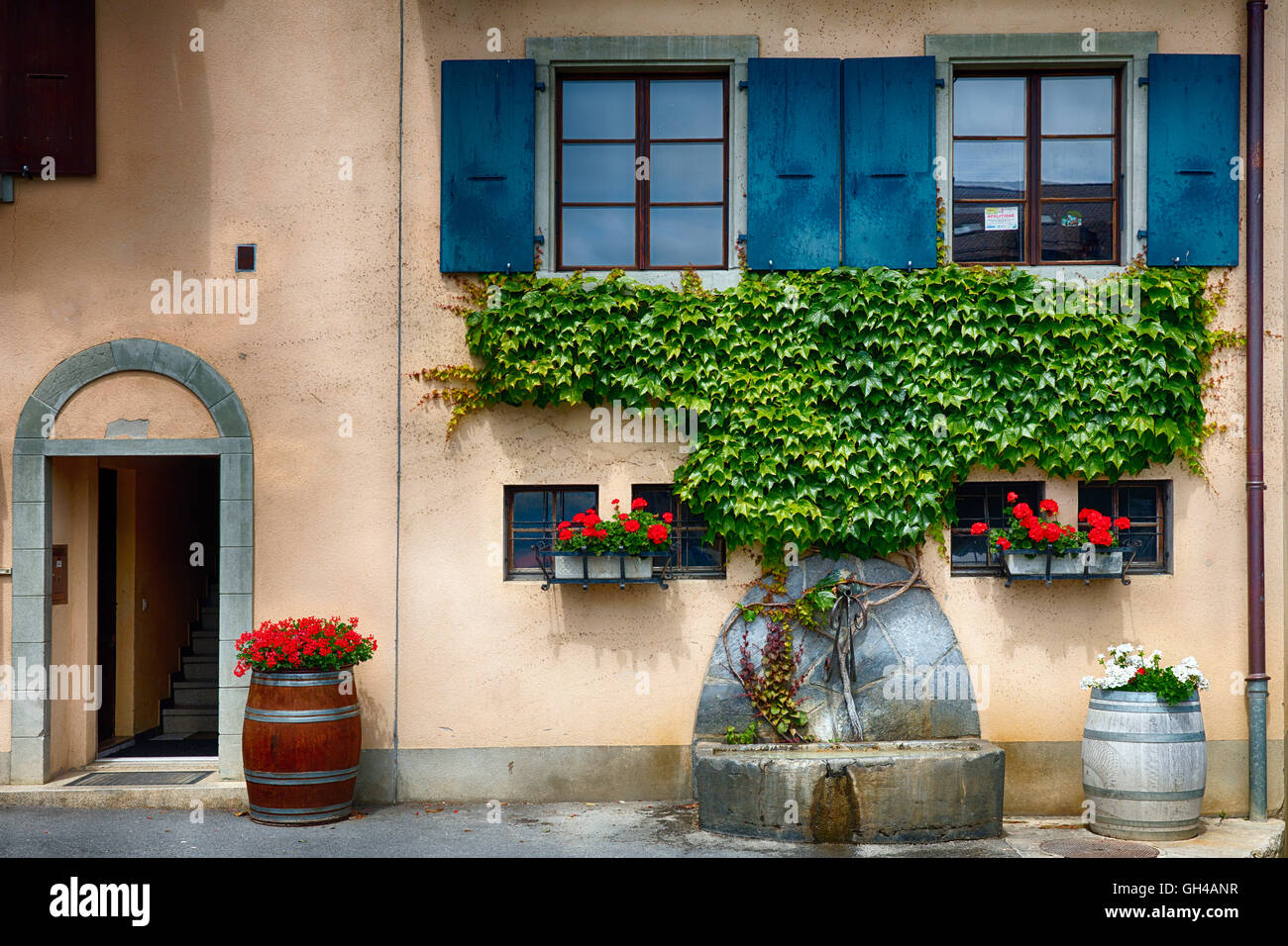 Ingresso frontale schematica di una cantina storica edificio, Epesses, vigneto di Lavaux terrazze, Canton Vaud, Svizzera Foto Stock