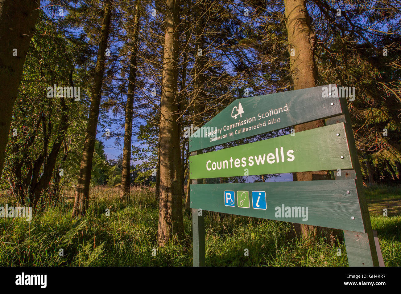 Segno all'Countesswells commissione forestale della Scozia in Aberdeenshire, Scotland, Regno Unito Foto Stock