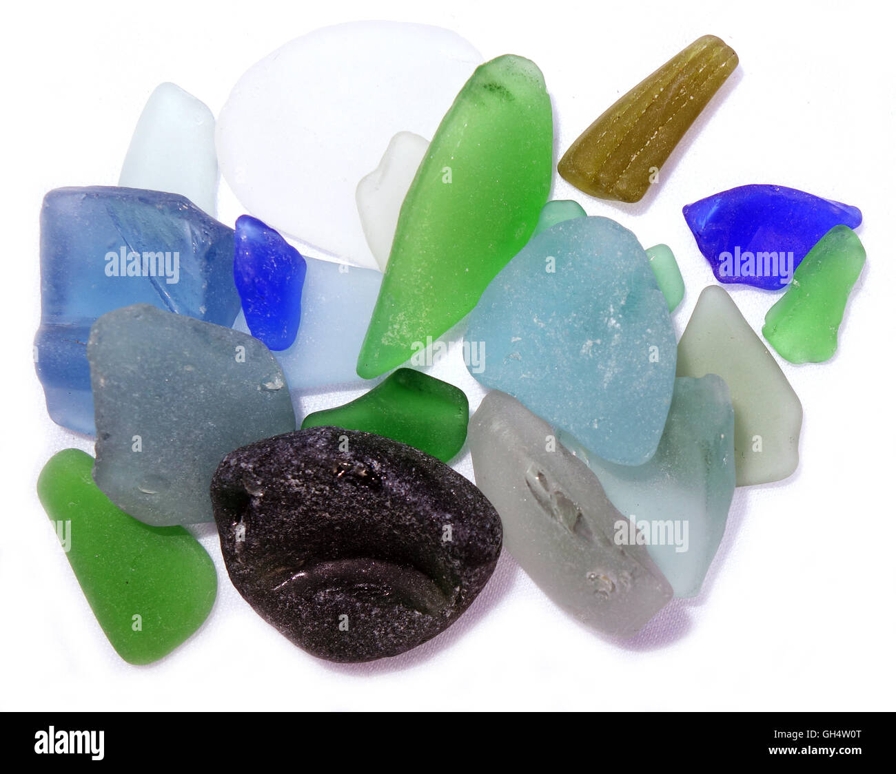 Il blu e il verde seaglass raccolti a Perth e Fremantle spiagge, Australia occidentale Foto Stock