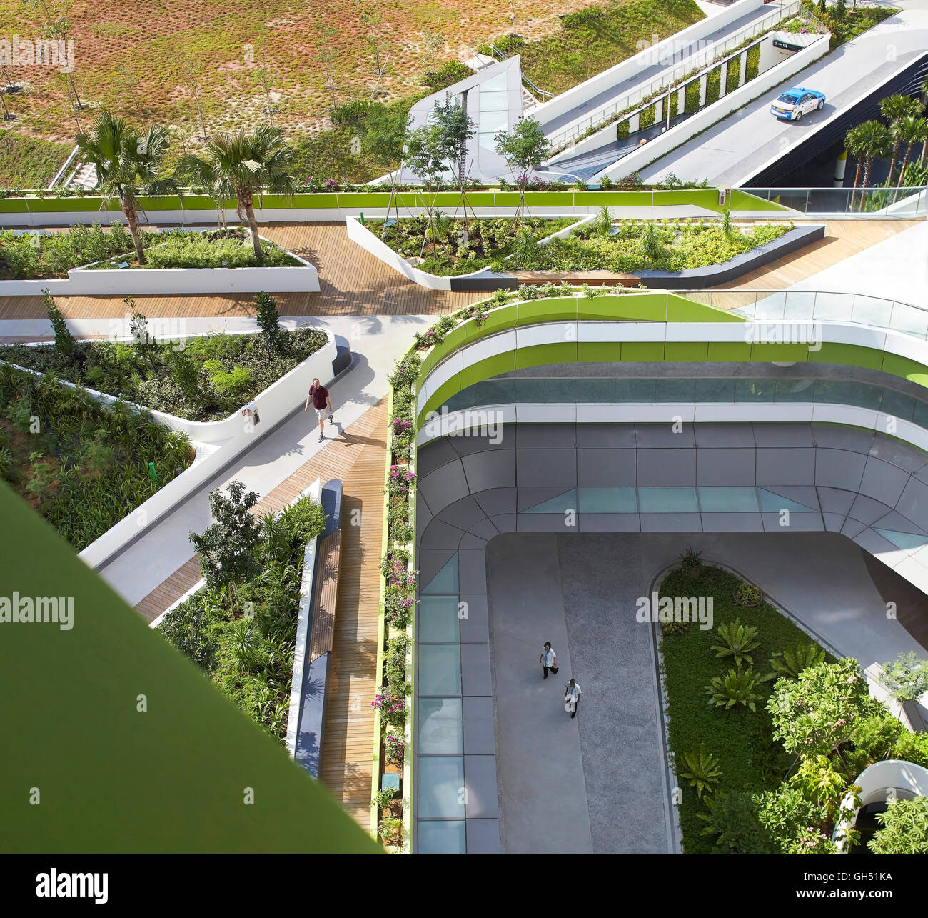 Vista da sopra verso sky garden di passerelle e cortile aperto. Università di Singapore di tecnologia e design, Singapore, Singapore. Architetto: UNStudio, 2015. Foto Stock