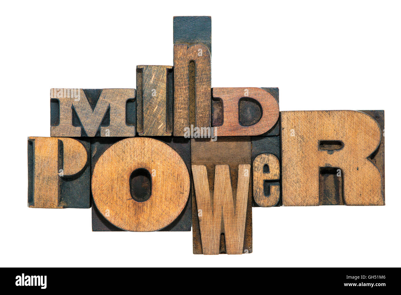 Il potere della mente una frase fatta dalla miscela di legno tipo di stampa in rilievo isolato su bianco Foto Stock