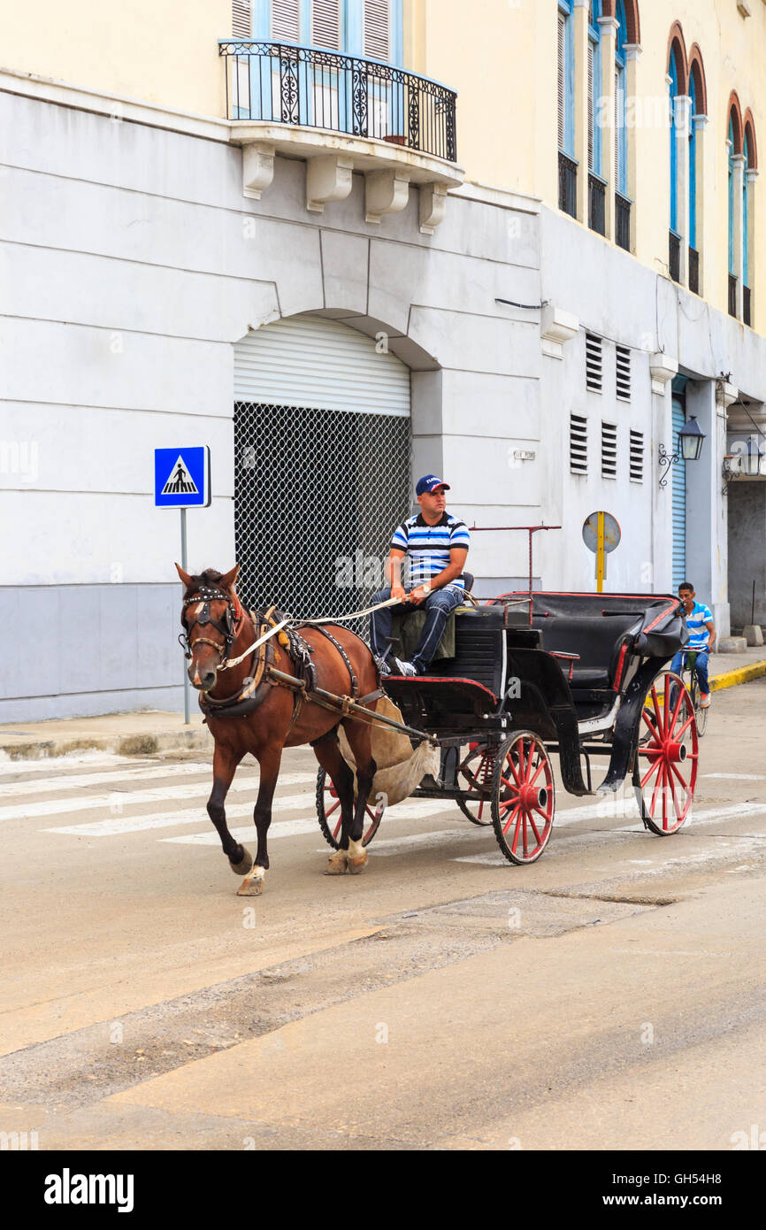 Carro trainato da cavalli andando lungo la Calle San Pedro in Old Havana, Cuba Foto Stock