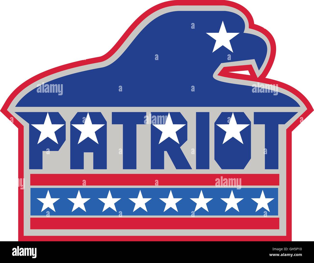 Illustrazione di un american aquila calva visto dal lato con la parola patriota e usa bandiera americana a stelle e strisce fatto in stile retrò. Illustrazione Vettoriale