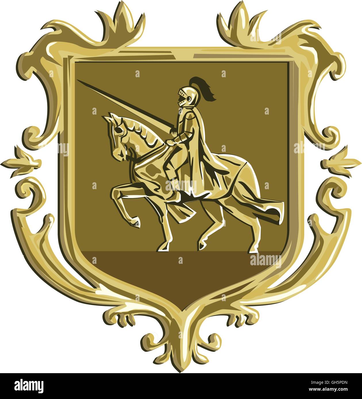 Illustrazione del cavaliere in armatura completa con lancia di equitazione destriero osservata dal lato interno impostato lo stemma di cresta scudo fatto in stile retrò. Illustrazione Vettoriale