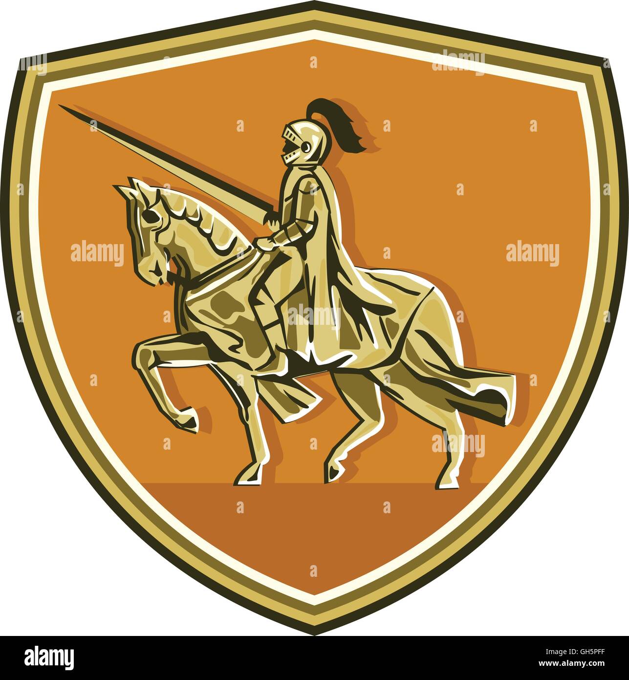 Illustrazione del cavaliere in armatura completa con lancia di equitazione destriero visto dal lato impostato all'interno della protezione crest fatto in stile retrò. Illustrazione Vettoriale