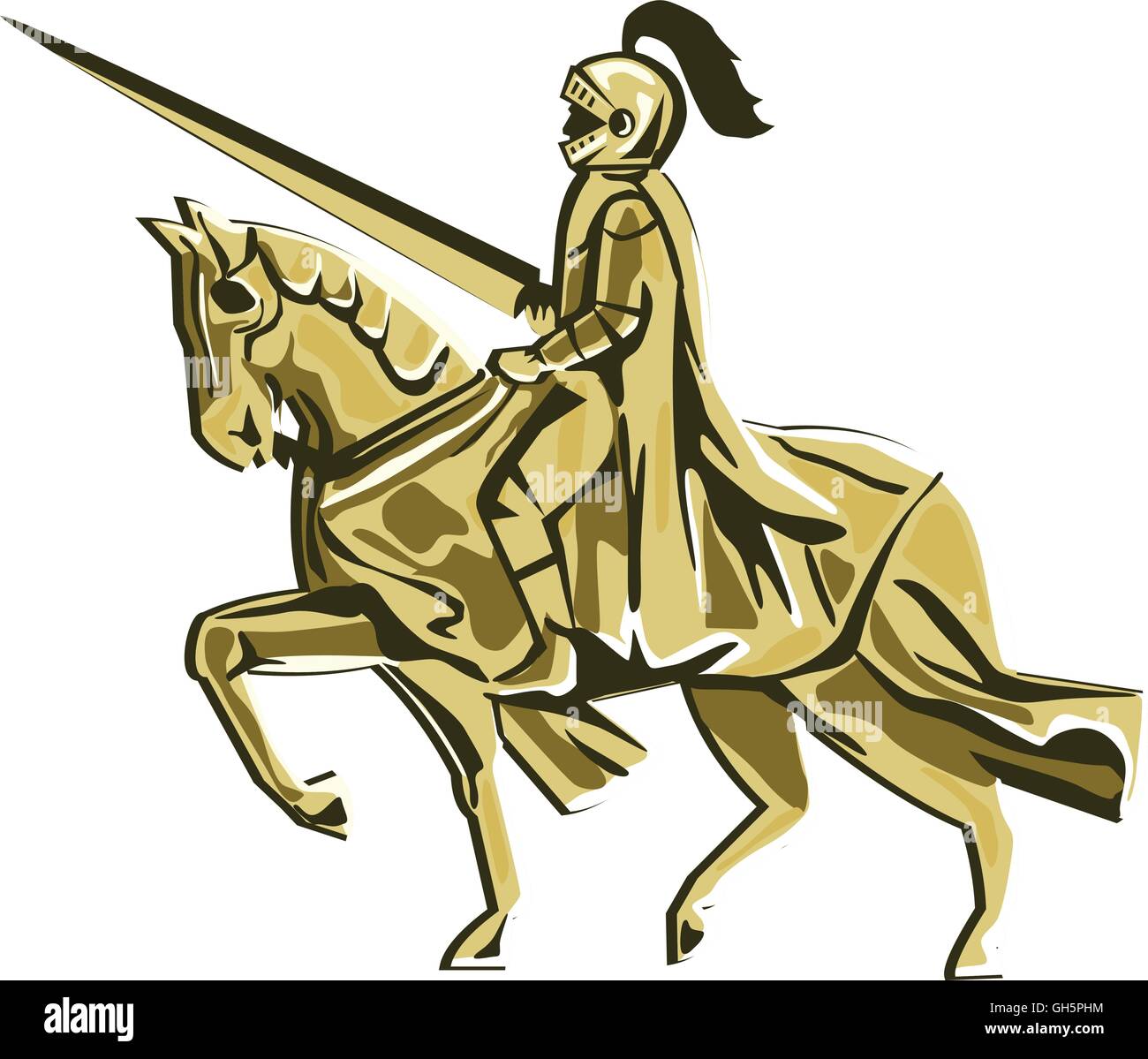 Illustrazione del cavaliere in armatura completa con lancia di equitazione destriero visto dal lato impostato su isolato sfondo bianco fatto in stile retrò. Illustrazione Vettoriale