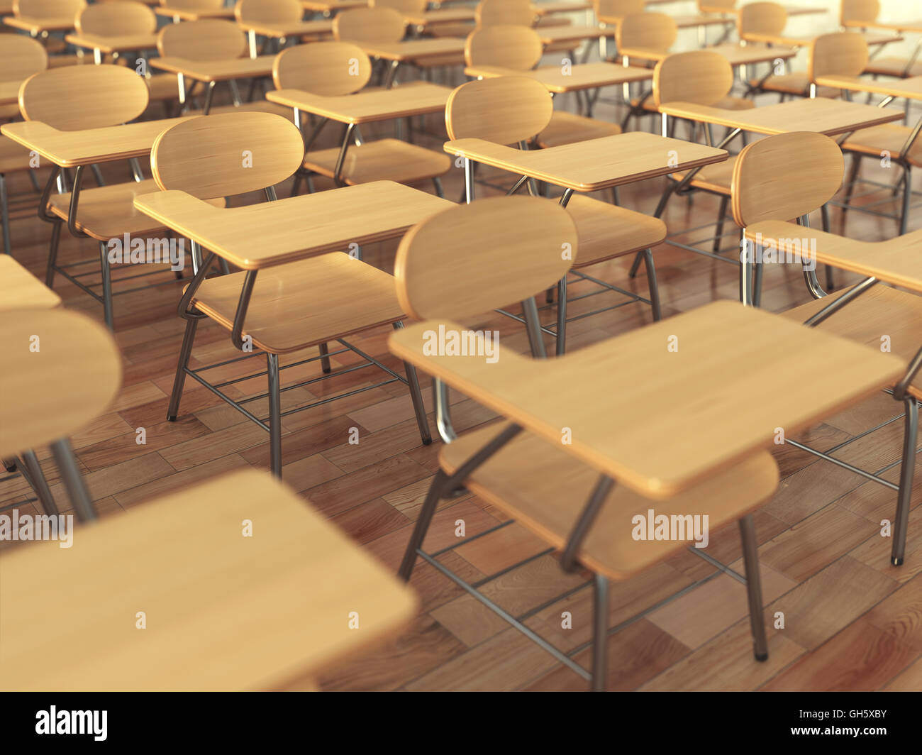 Aula scolastica con scuola di vuoto sedie e lavagna. Si torna a scuola concetto. 3d illustrazione Foto Stock