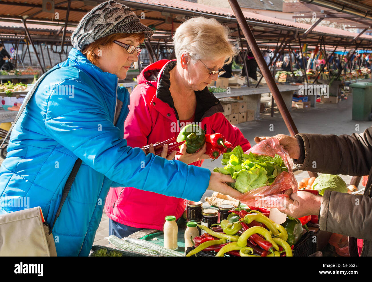 Senior signore al mercato degli agricoltori Foto Stock