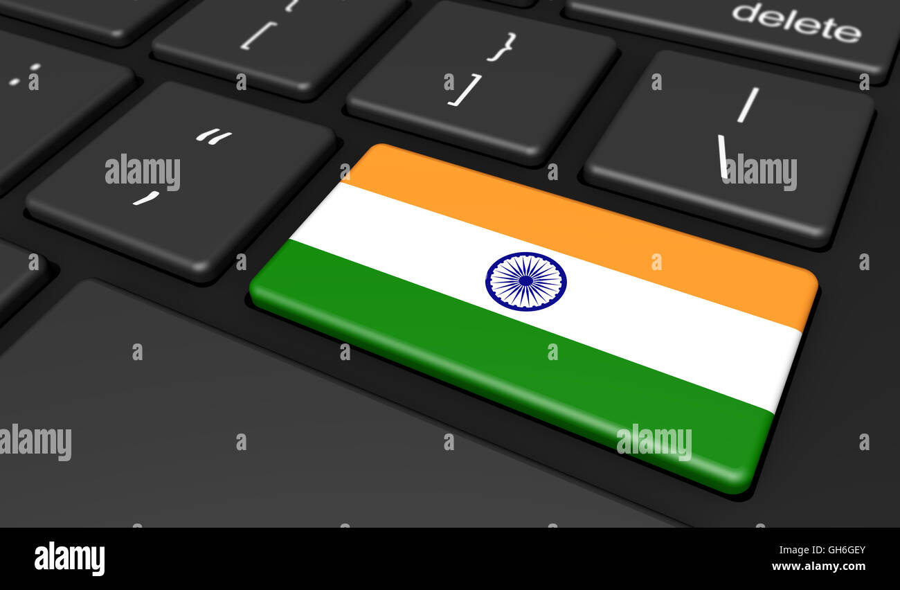 In India la digitalizzazione, networking e uso delle tecnologie digitali concetto con la bandiera indiana su una chiave del computer 3D'illustrazione. Foto Stock