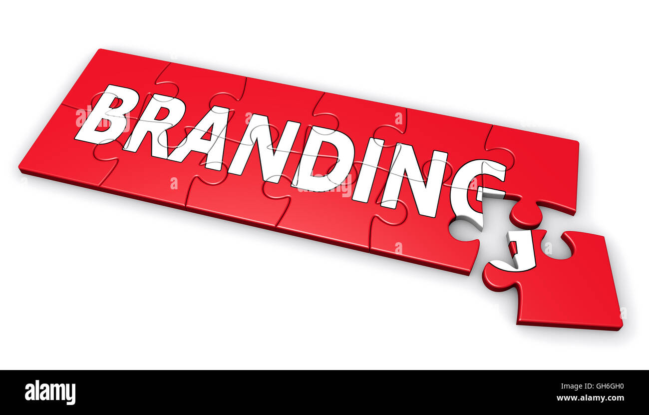 Branding aziendale sviluppo e brand marketing concetto con la parola su un rosso puzzle 3D'illustrazione su sfondo bianco. Foto Stock