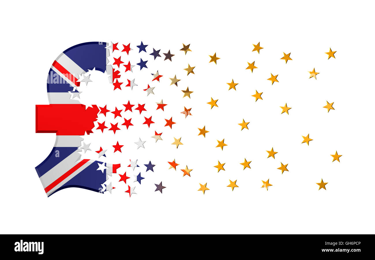 Sterlina segno cade a pezzi a stelle dorate su sfondo bianco. 3D'illustrazione. Foto Stock