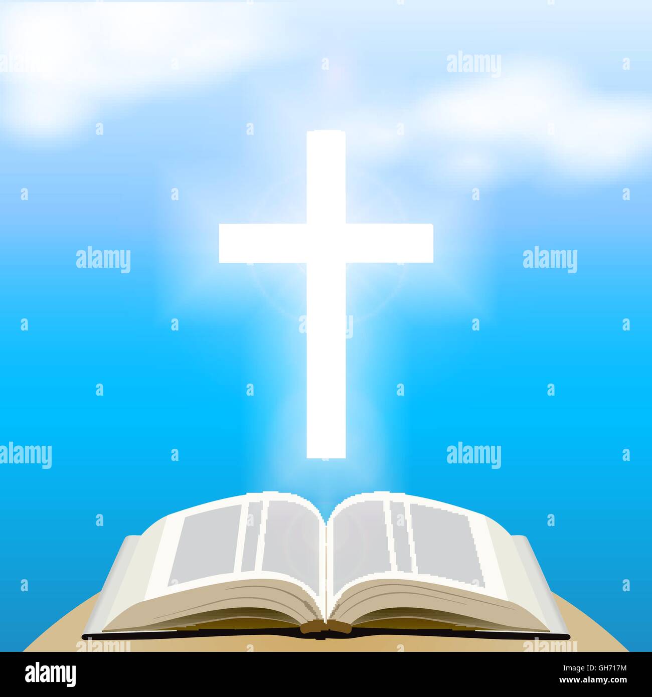 La Bibbia e la croce luminosa oltre il cielo blu. Illustrazione Vettoriale Illustrazione Vettoriale