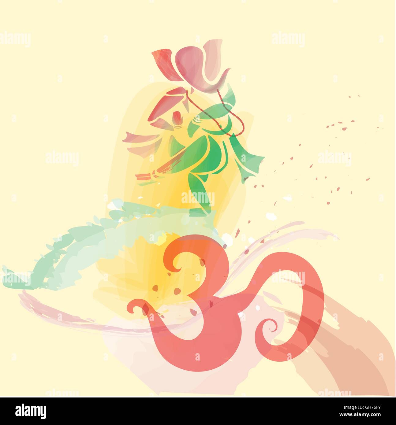 Ganesha dancing in acqua di colori su om simbolo. Eps10. Vettore. Illustrazione Vettoriale