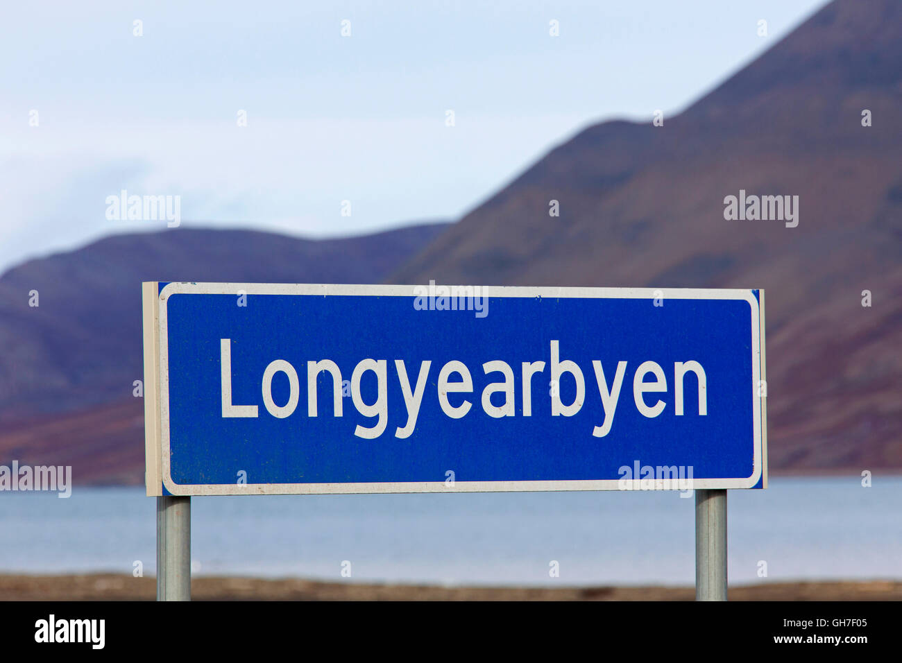 Longyearbyen segno, Svalbard / Spitsbergen, Norvegia Foto Stock