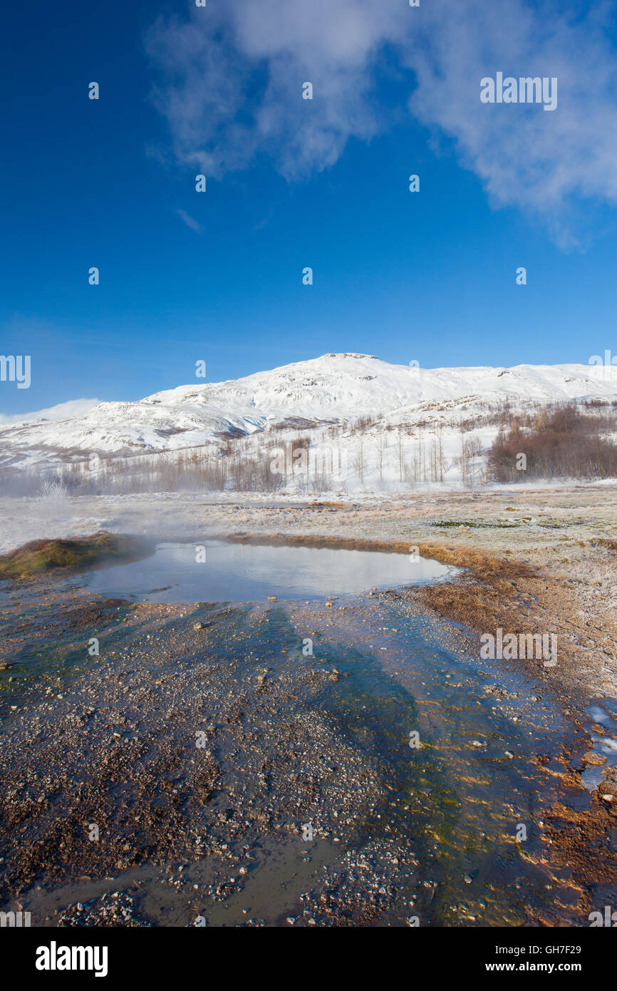Area geotermica di Geysir nella valle di Haukadalur, Sudurland, Islanda Foto Stock