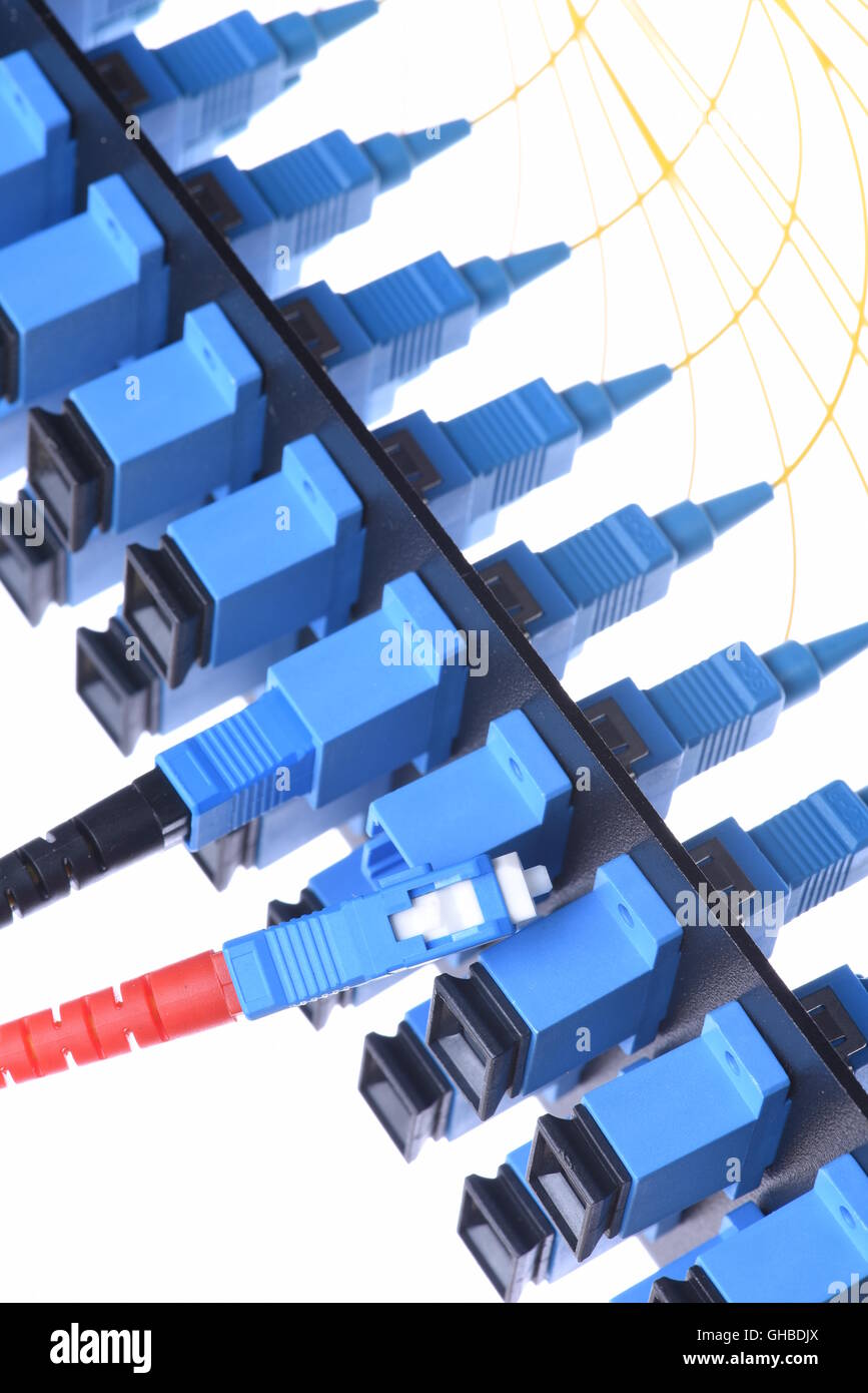 Fibra ottica cavo di rete con distribuzione ottica telaio isolato su sfondo bianco Foto Stock