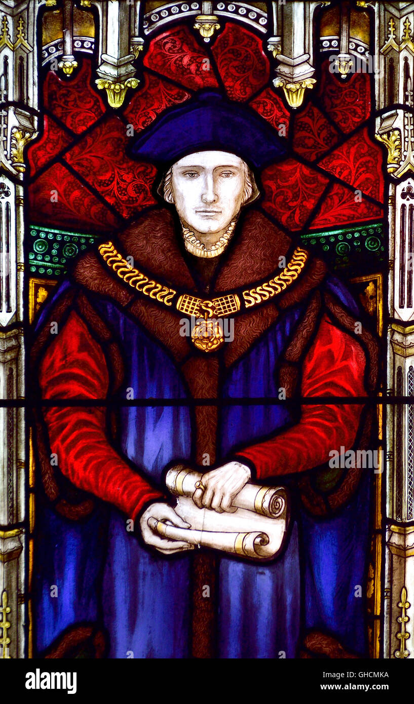 A Canterbury Kent, Regno Unito. Chiesa di St Dunstan con Santa Croce. Finestra di vetro colorato: (1909) nella cappella di Roper di Sir Thomas More Foto Stock