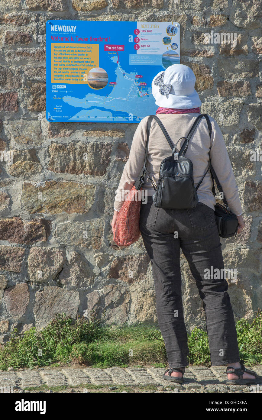 Un turista esamina una mappa di Towan promontorio in Cornovaglia. Foto Stock