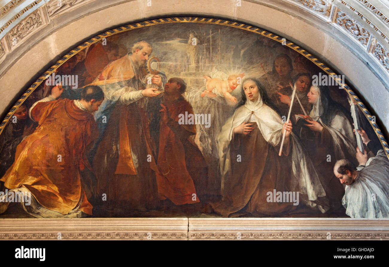 BRESCIA, Italia, 2016: Pittura Santa Teresa di Avila la visione del piccolo Gesù Eucaristia nella Chiesa di San Pietro in Olvieto Foto Stock