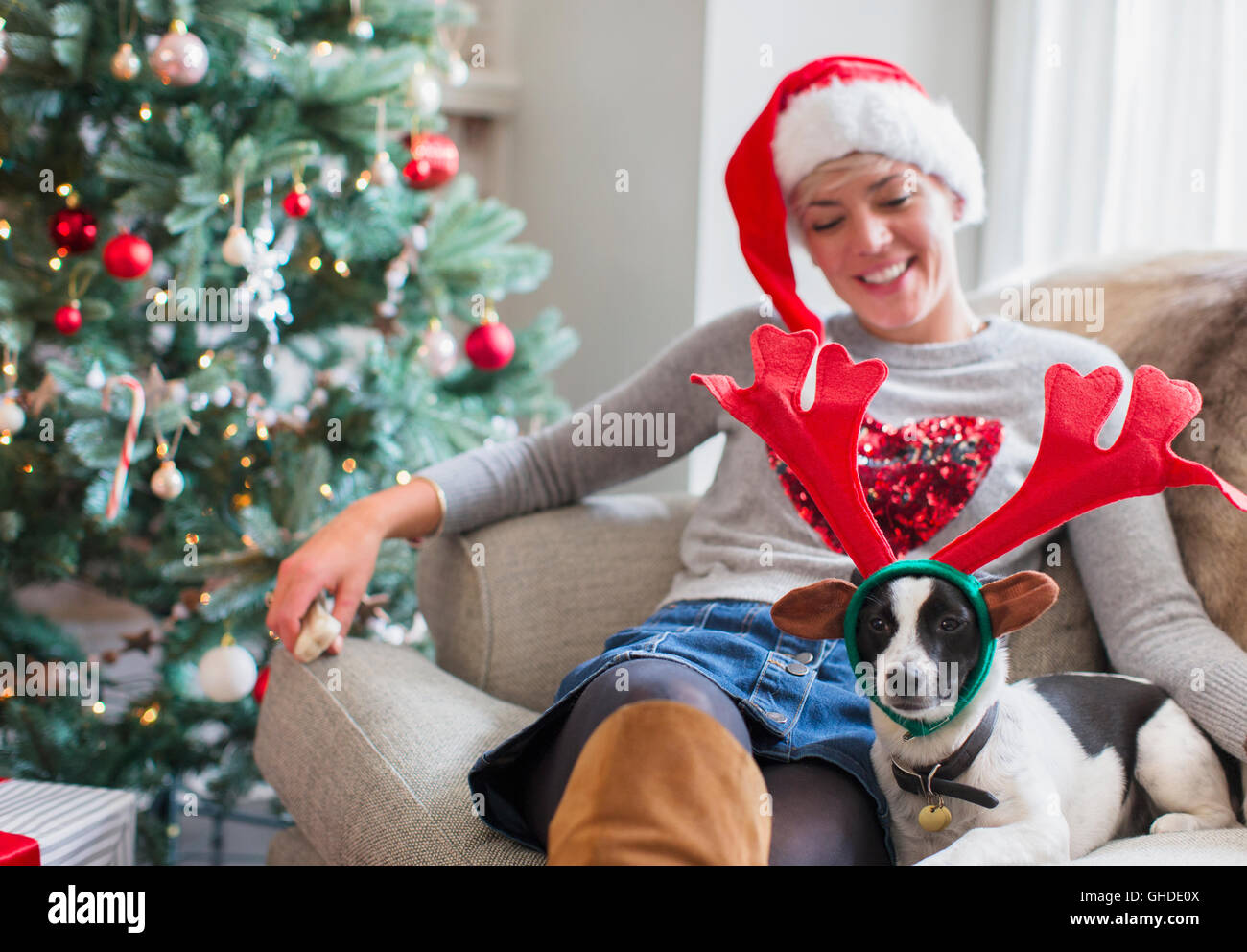 Donna seduta su un divano con il cane che indossa la renna palchi nei pressi di albero di Natale Foto Stock