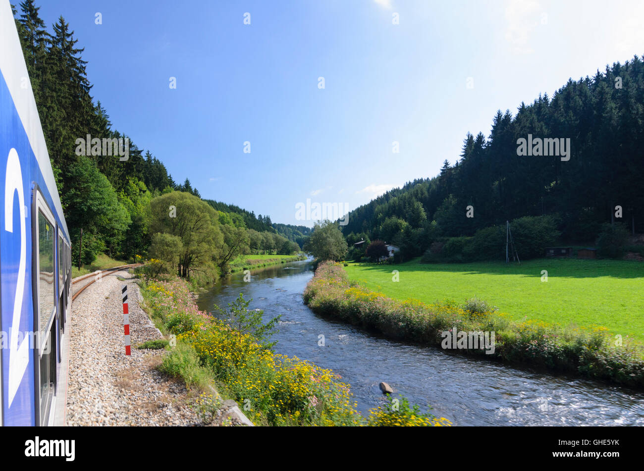 Neufelden: treno regionale di Mühlkreisbahn nella valle del fiume Große Mühl, Austria, Oberösterreich, Austria superiore, Mühlviertel Foto Stock