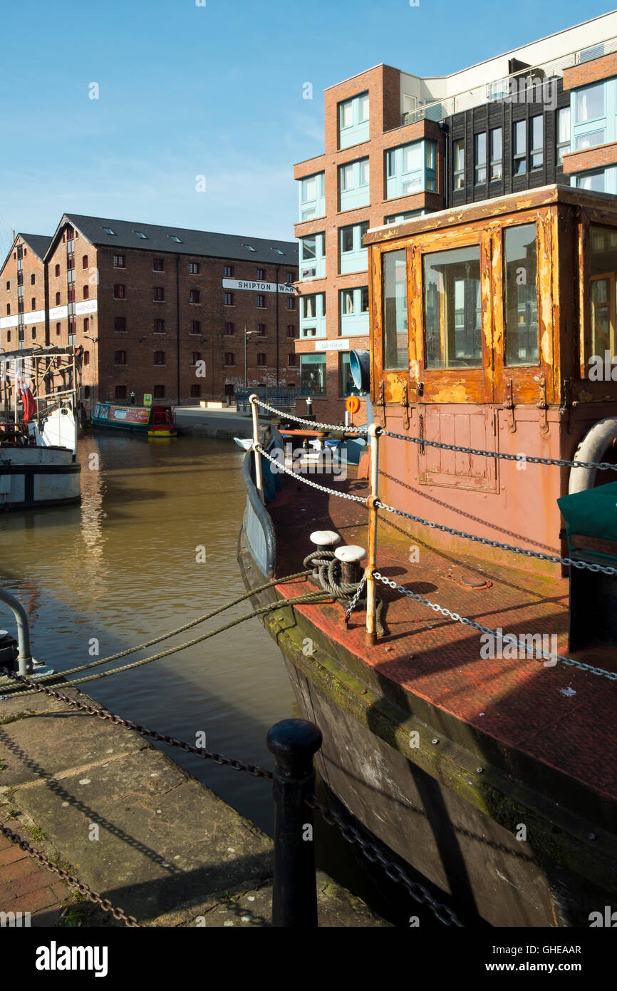 Imbarcazioni storiche ormeggiata presso il Waterways Museum in Gloucester Docks, Gloucester, Regno Unito Foto Stock