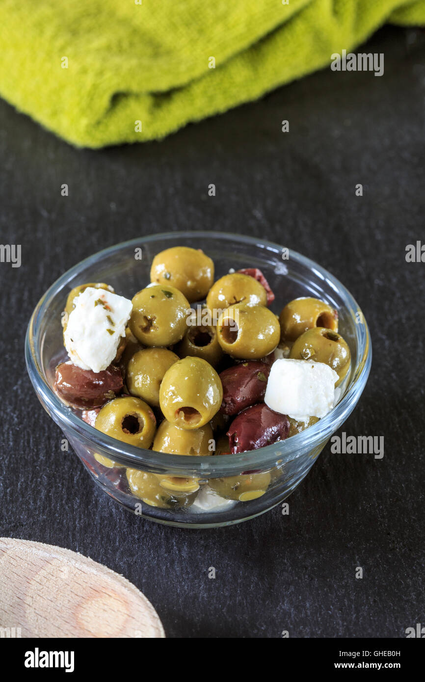 Olive e formaggio Feta, antipasti, antipasto, Foto Stock