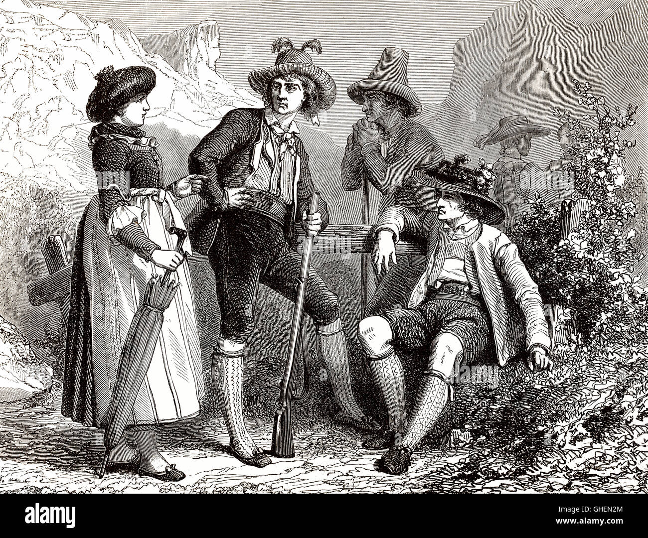 Costumi tirolesi, Alpi Orientali, Austria occidentale, del XIX secolo Foto Stock