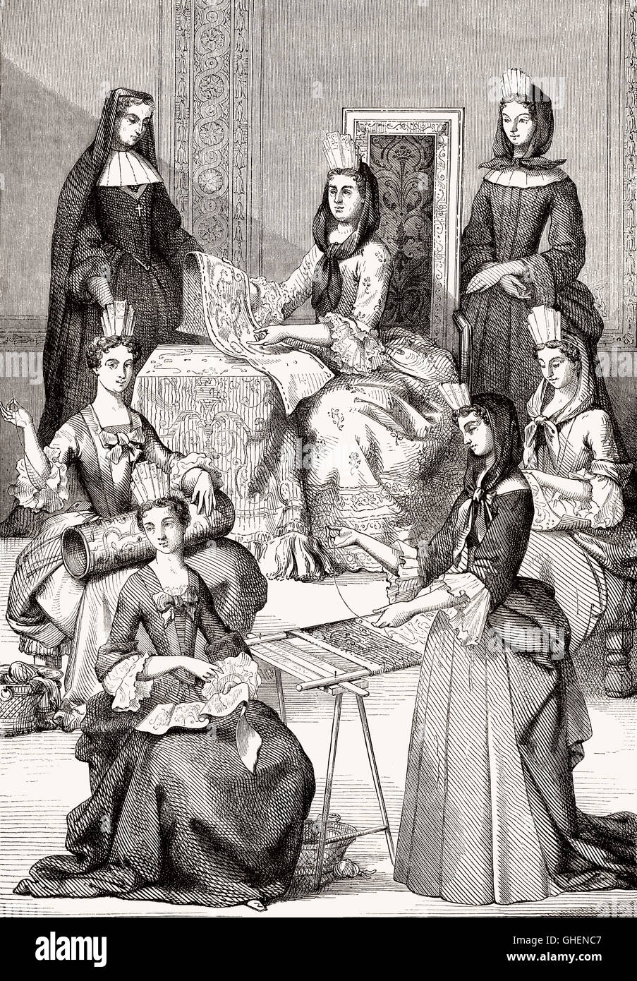 Marquise de Maintenon e palazzo del suo signore, Francese royal court, costumi del XVII secolo Foto Stock