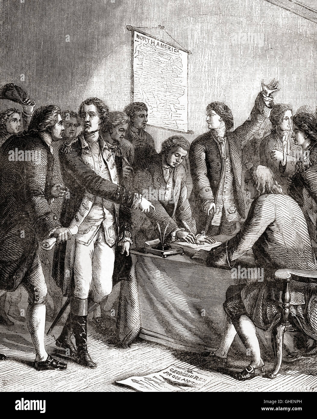La firma della Dichiarazione di Indipendenza Americana, Philadelphia, Pennsylvania, USA, 1776. Foto Stock