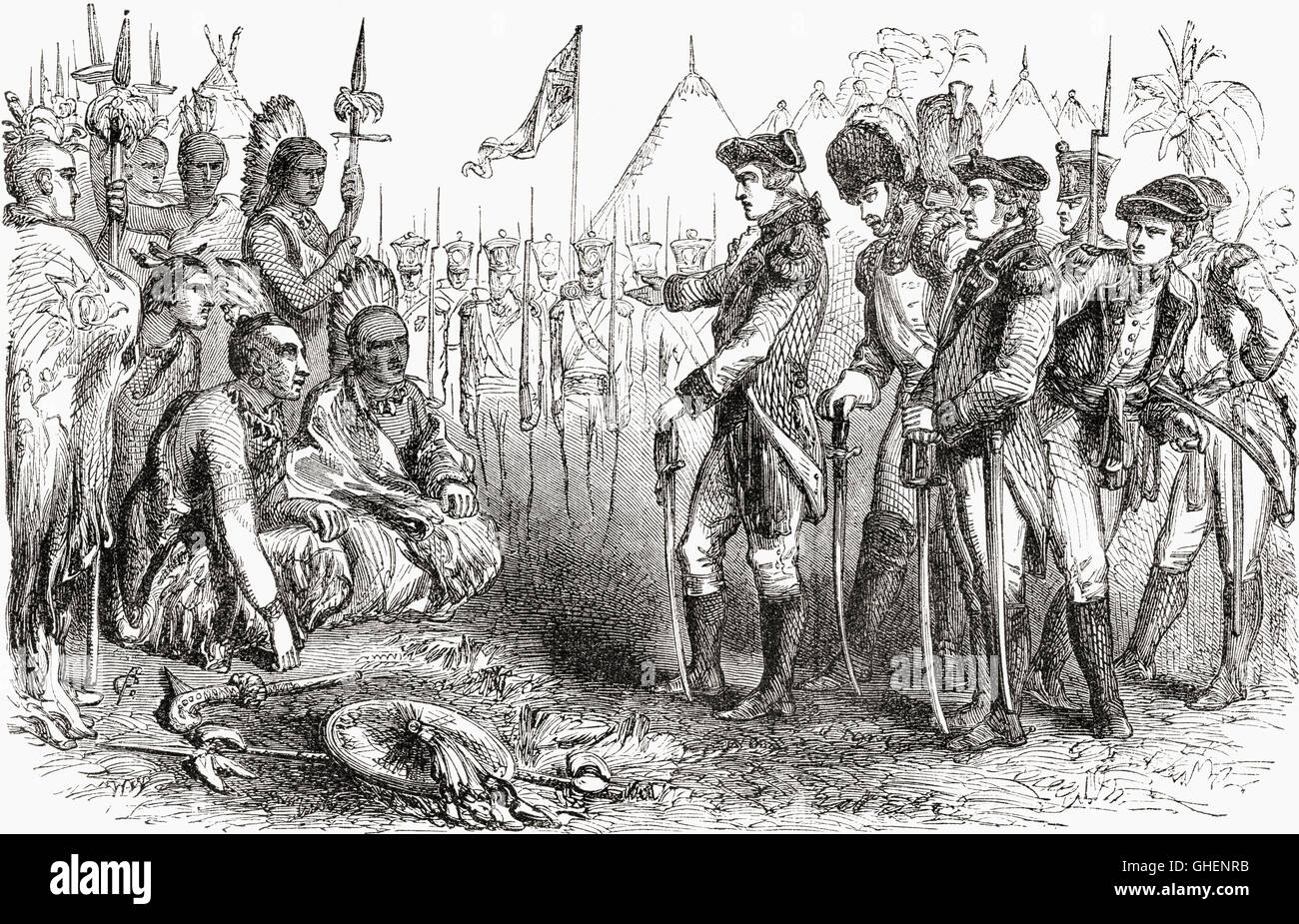 Generale Burgoyne reclutare gli Indiani come scout prima di Saratoga campagna nel 1777. Il generale John Burgoyne, 1722 - 1792. Ufficiale dell'esercito britannico, politico e drammaturgo. Foto Stock