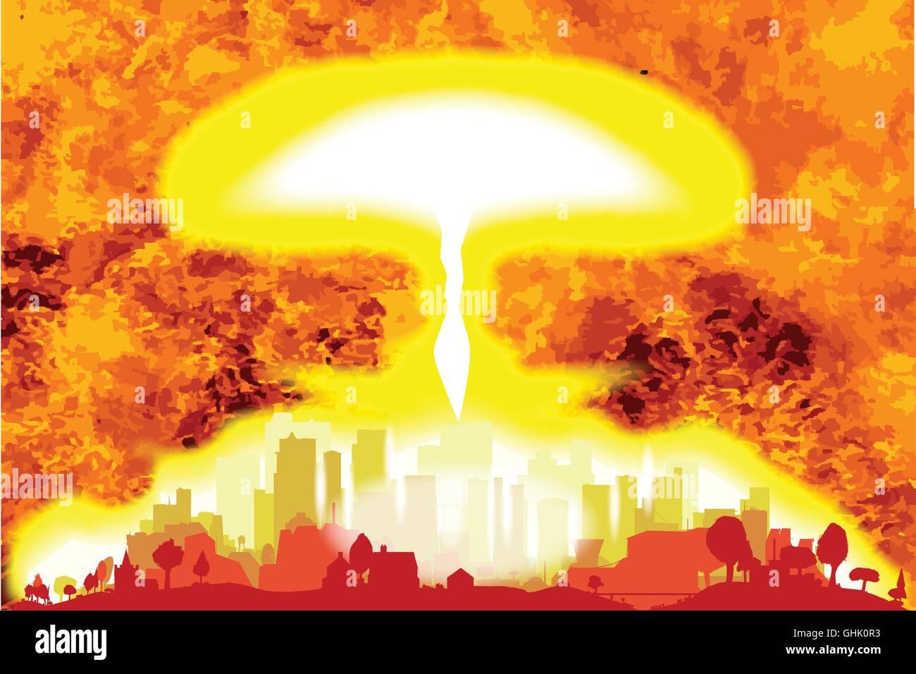 Un idrogeno bomba in una città moderna con un background fiamme Illustrazione Vettoriale