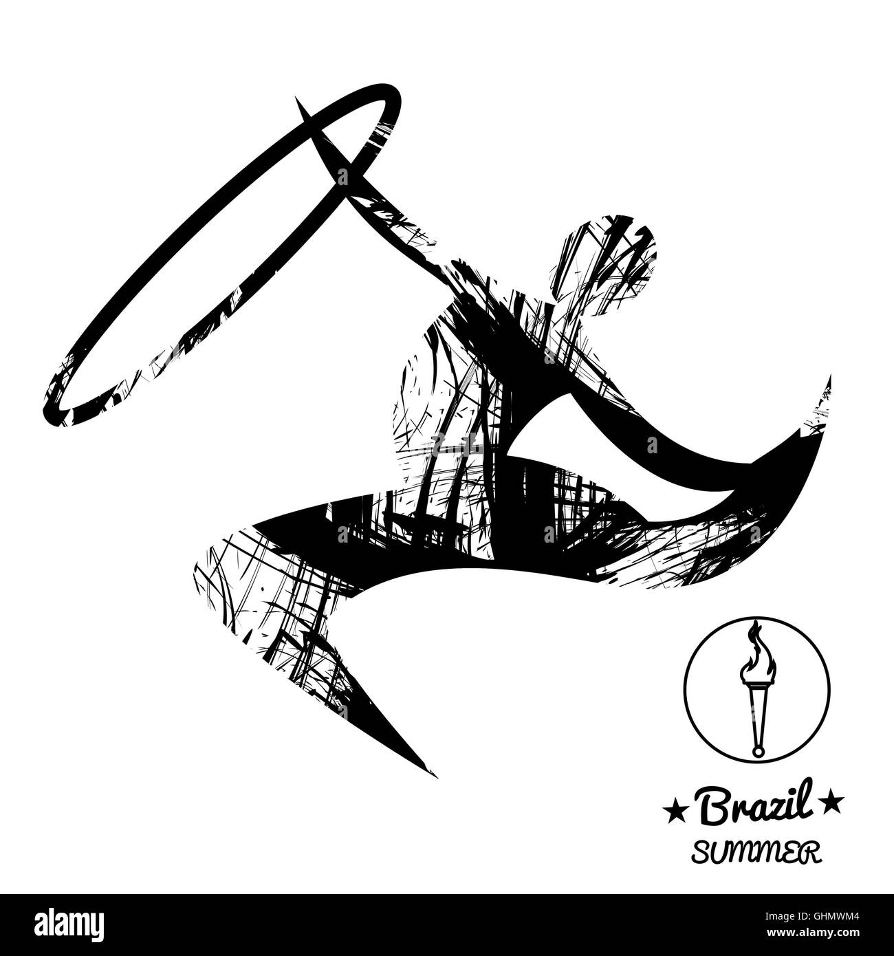 Brasile sport estate card con un abstract ritmica ginnastica hoop player, in contorni neri. Digital immagine vettoriale Foto Stock