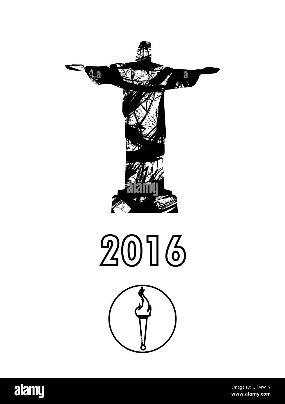 Abstract 2016, statua e torcia ardente design in delinea su sfondo bianco. Digital immagine vettoriale Foto Stock