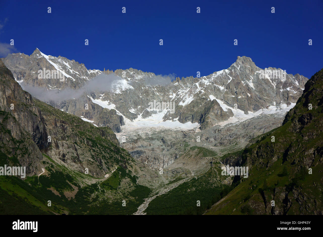 Mont Dolent, Monte Tour Noir, il Ghiacciaio l'A Neuve, Mont Blanc montagne, Swiss - frencVal Val Ferret, Alpi del Vallese, Svizzera Foto Stock