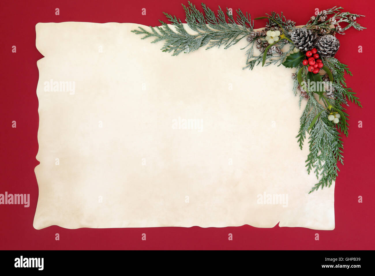 Natale abstract confine con la flora di agrifoglio vischio, cedro cipresso  e pigne su carta pergamena su sfondo rosso Foto stock - Alamy