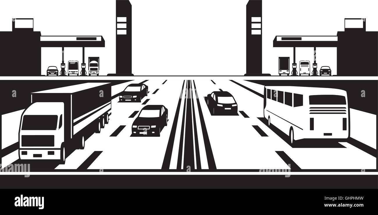 Stazioni di servizio su entrambi i lati dell'autostrada - illustrazione vettoriale Illustrazione Vettoriale