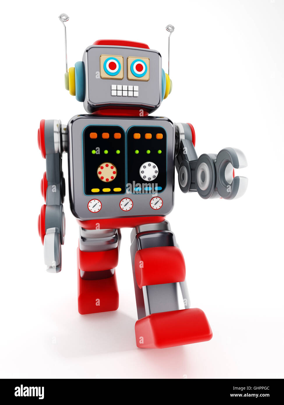Vintage robot giocattolo isolati su sfondo bianco. 3D'illustrazione. Foto Stock