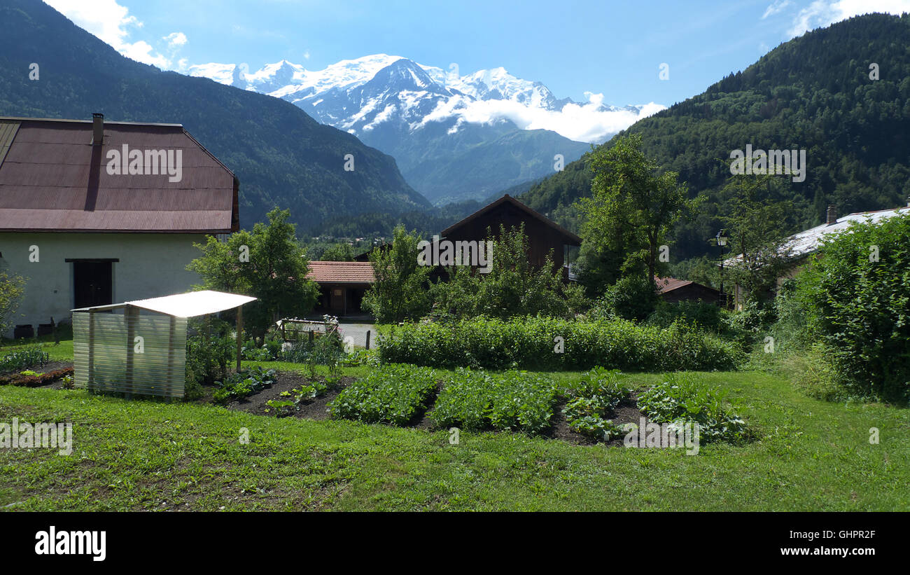 Kitchen Garden plot e vista del massiccio del Monte Bianco da Servoz, Chamonix Mont Blanc, Rodano Alpi, Haute Savoie, Francia, Europa UE Foto Stock