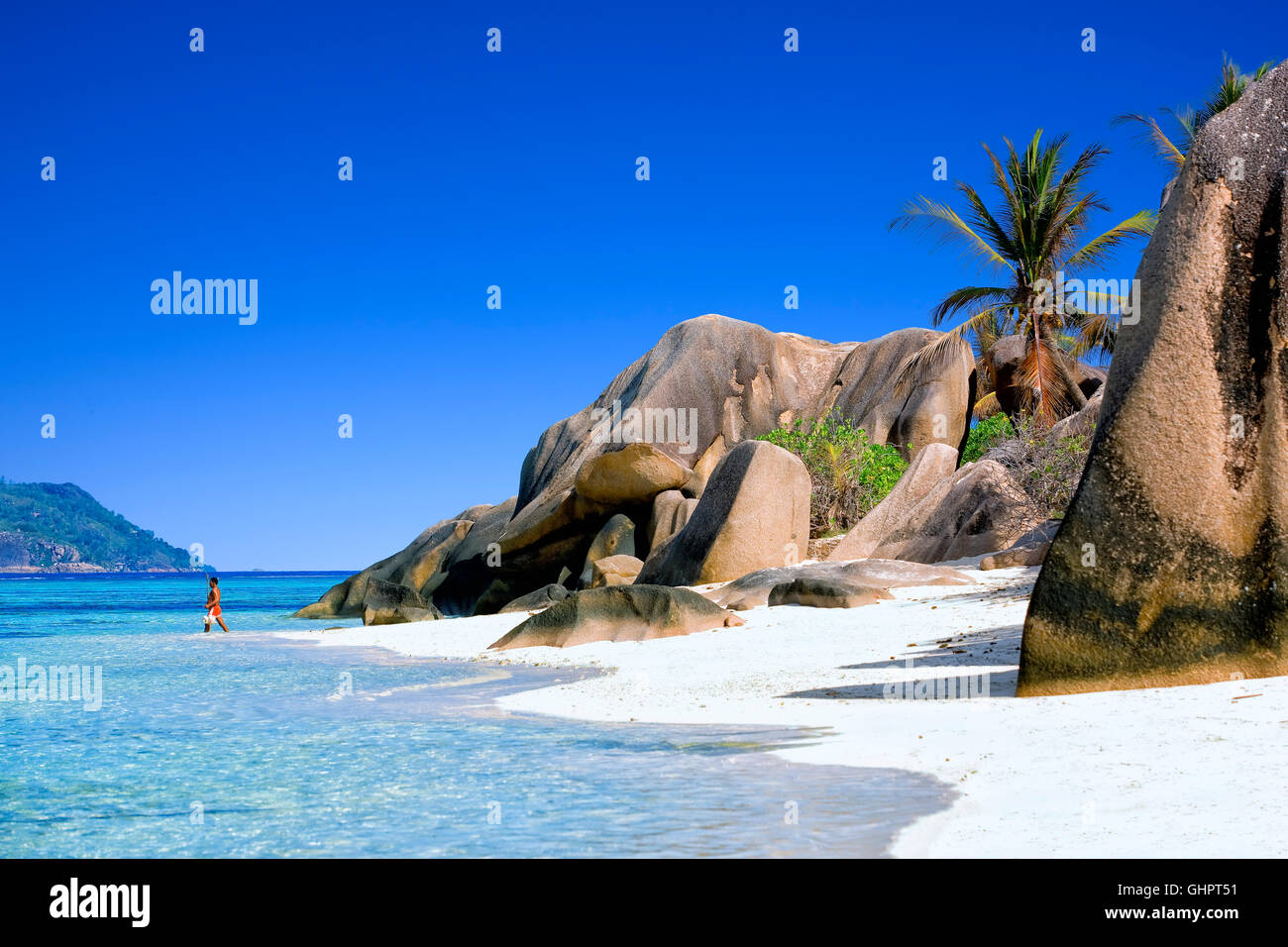 Anse Source d'argent spiaggia di La Digue Island, Seicelle Foto Stock