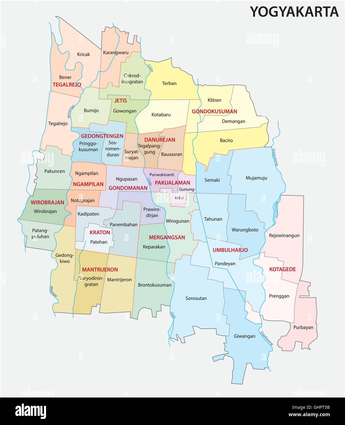 Politica e amministrativa di mappa della città indonesiana di Yogyakarta Illustrazione Vettoriale