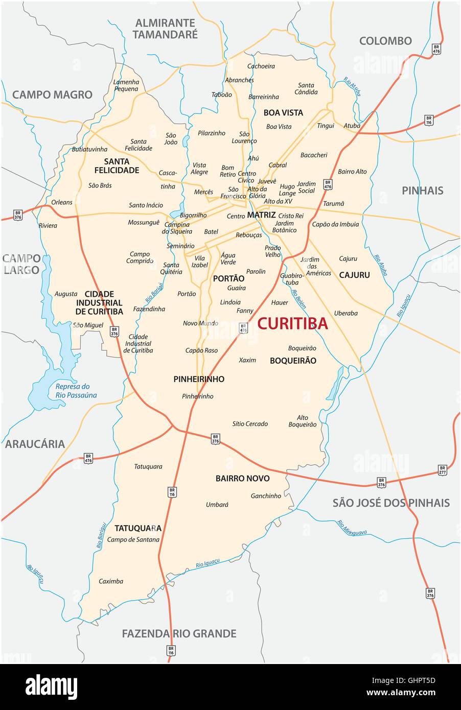 Mappa stradale della città brasiliana di Curitiba, con tutti i distretti e quartieri Illustrazione Vettoriale