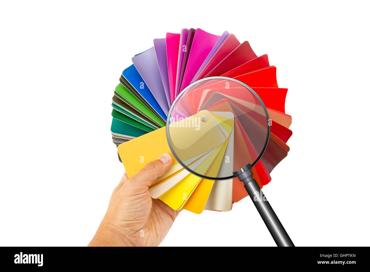 Rainbow tavolozza di colori con lente di ingrandimento, isolato su bianco Foto Stock