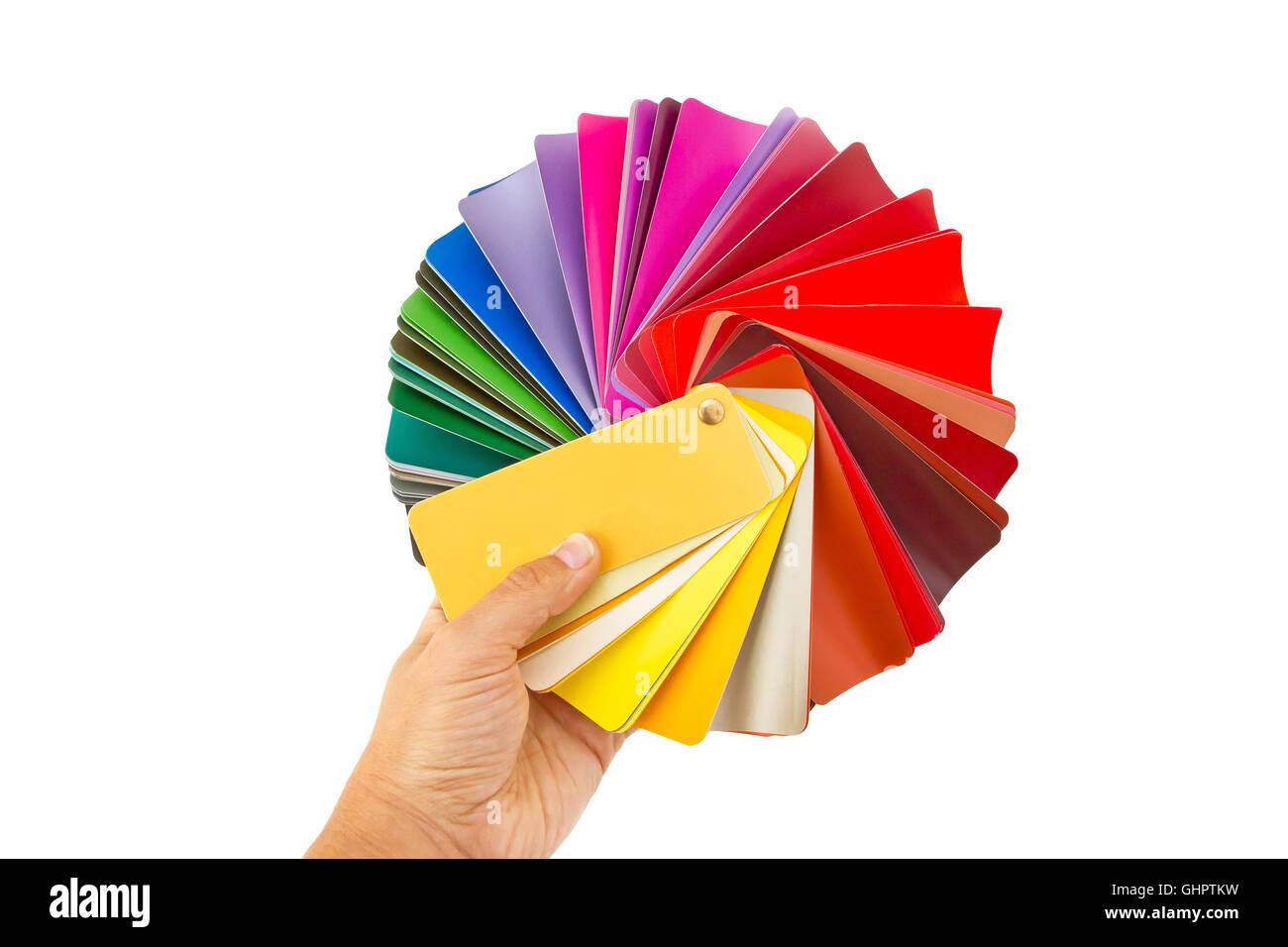 L'uomo azienda rainbow tavolozza colori isolato su bianco Foto Stock