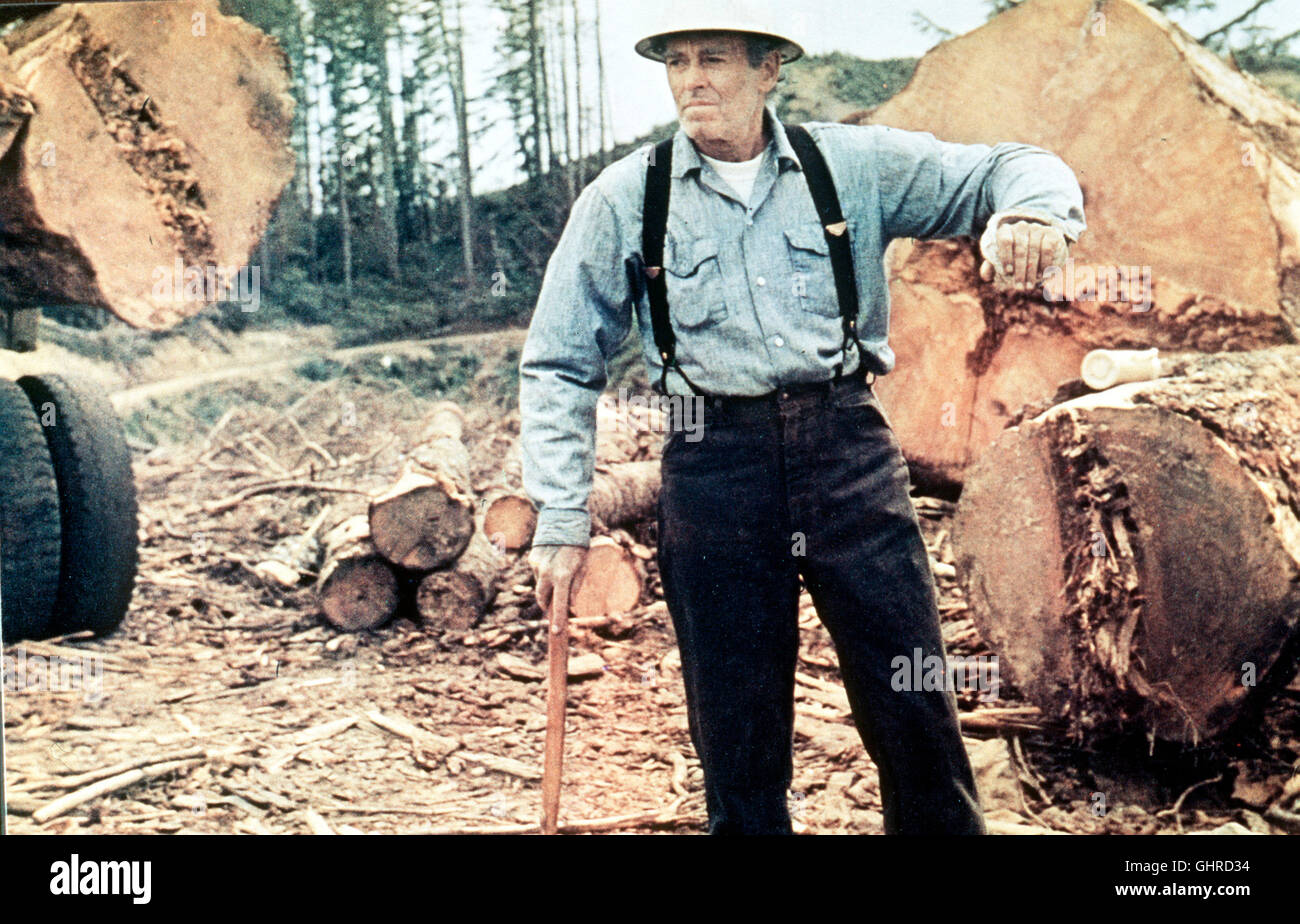 A volte una grande nazione Henry Stamper (Henry Fonda) ist das Oberhaupt einer rauhen Holzfällerfamilie im waldreichen Oregon. Er läßt sich von niemandem Vorschriften machen, und sein Sohn Hank bestärkt ihn noch darin. Starrköpfigkeit und Geschäftssinn kommen zusammen, als die matrici sich gegen die Beschlösse der Holzfäller-Gewerkschaft stellen und einen Streik sabotieren .... Regie: Paul Newman aka. A volte una grande idea Foto Stock
