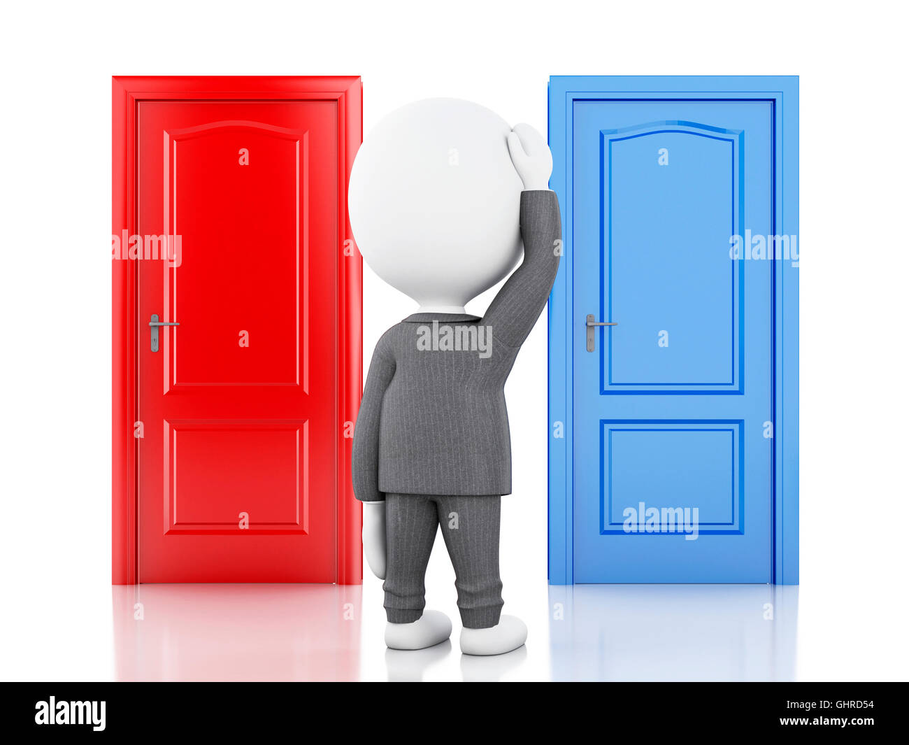 3d'illustrazione. La gente di affari e due porte, dubbia. Concetto di scelta su sfondo bianco Foto Stock