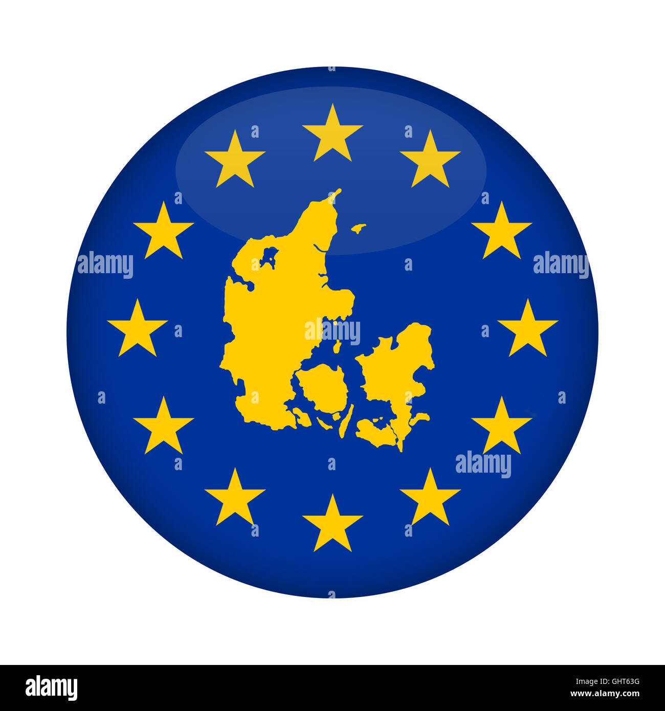 Danimarca mappa su una bandiera dell'Unione europea pulsante isolato su uno sfondo bianco. Foto Stock