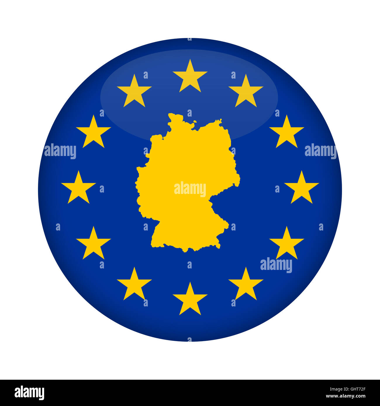 Germania mappa su una bandiera dell'Unione europea pulsante isolato su uno sfondo bianco. Foto Stock