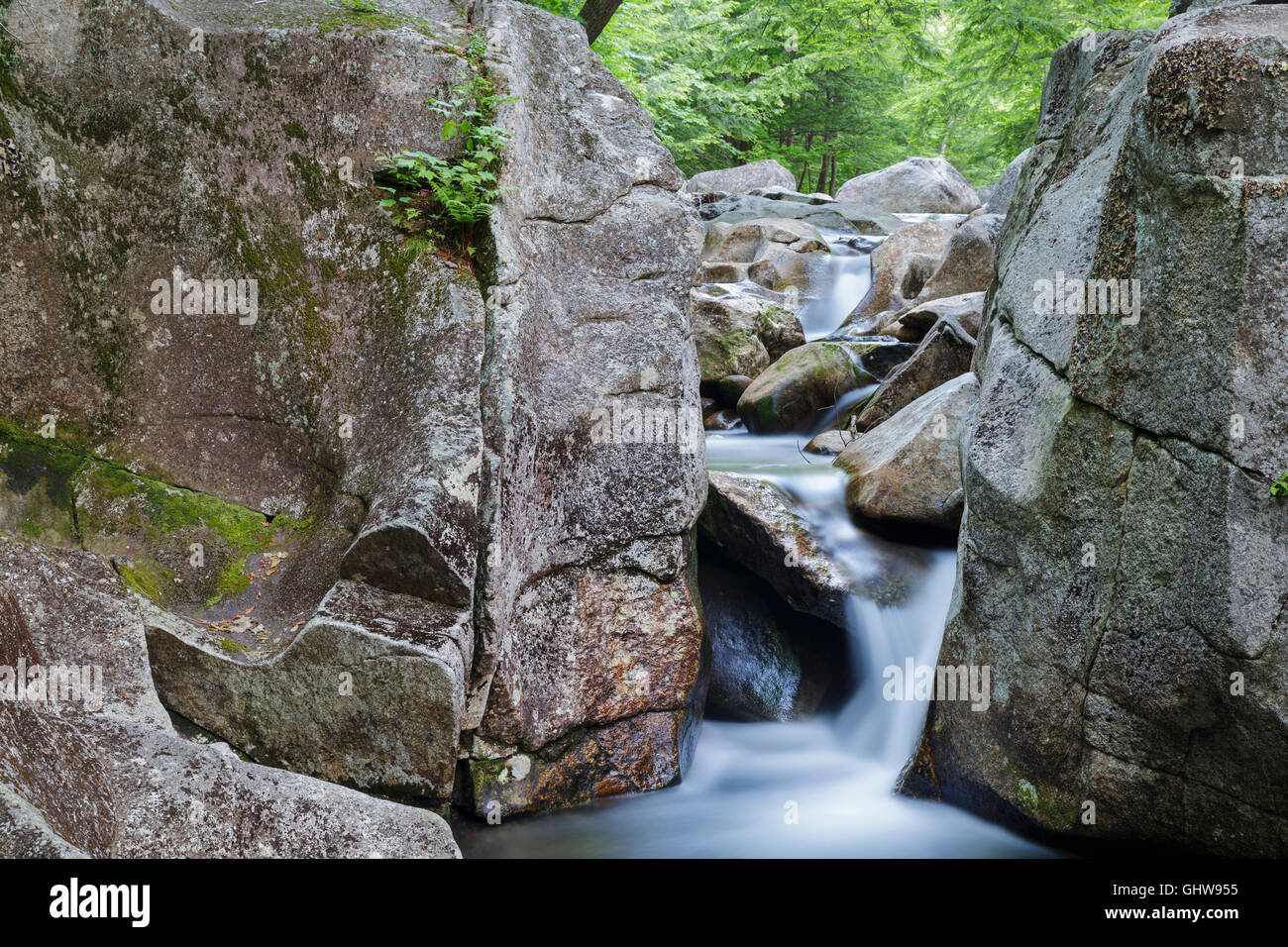 Lost River in stretto parente tacca di Woodstock, New Hampshire durante i mesi estivi. Foto Stock
