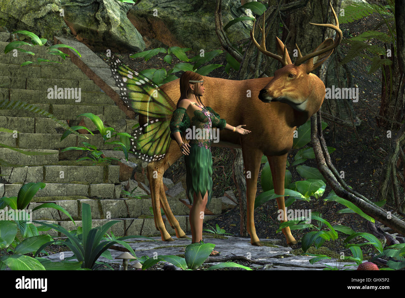 Una bella fata cerca di fare amicizia con un magnifico culbianco cervo con corna di cervo. Foto Stock